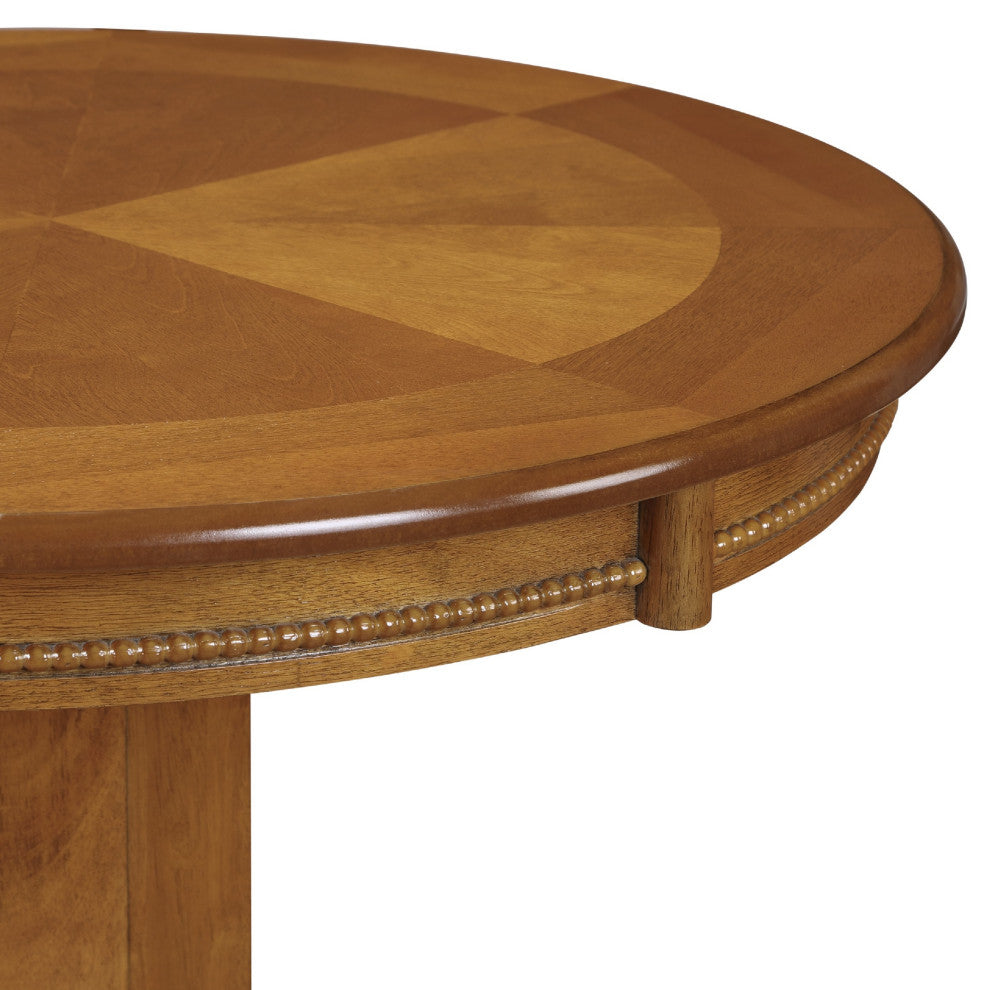 Benzara BM274269 42" Wood Pub Bar Table, Sunburst Design, Carved Pedestal, Oak