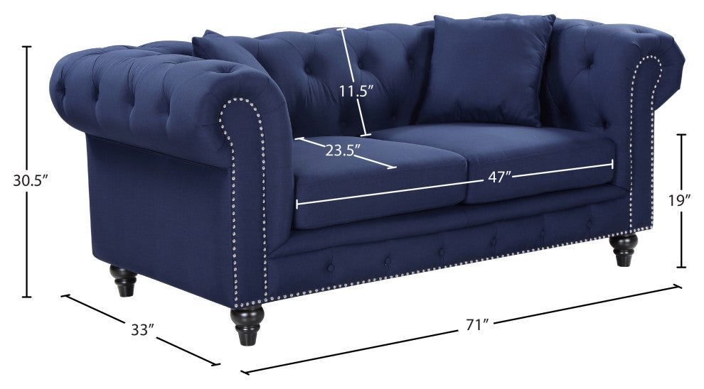 Chesterfield Linen Textured Fabric Upholstered Loveseat, Navy