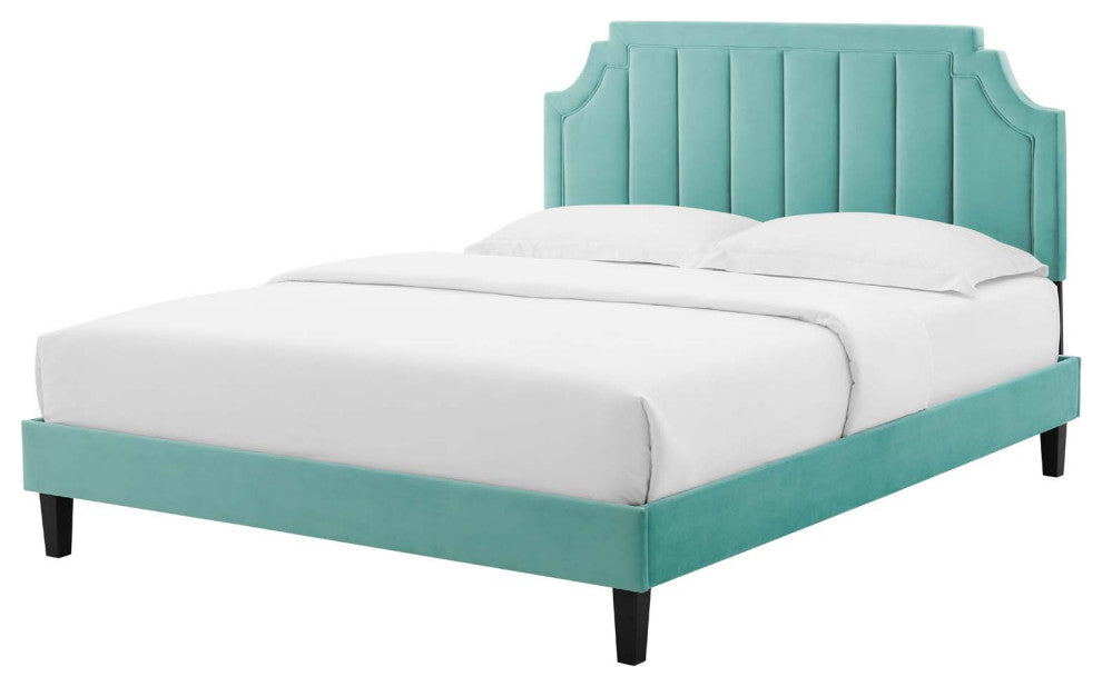 Platform Bed Frame, King Size, Velvet, Blue, Modern Contemporary, Bedroom Master