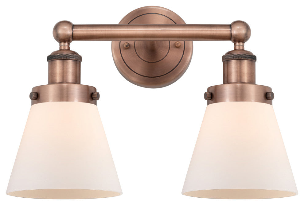 Edison Small Cone-2 Lt 16"Bath Vanity Lt-Antique Copper Finish-Matte White Shade