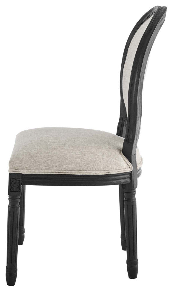 French Vintage Side Dining Chair, Fabric, Wood, Black Beige, Modern, Cafe Bistro