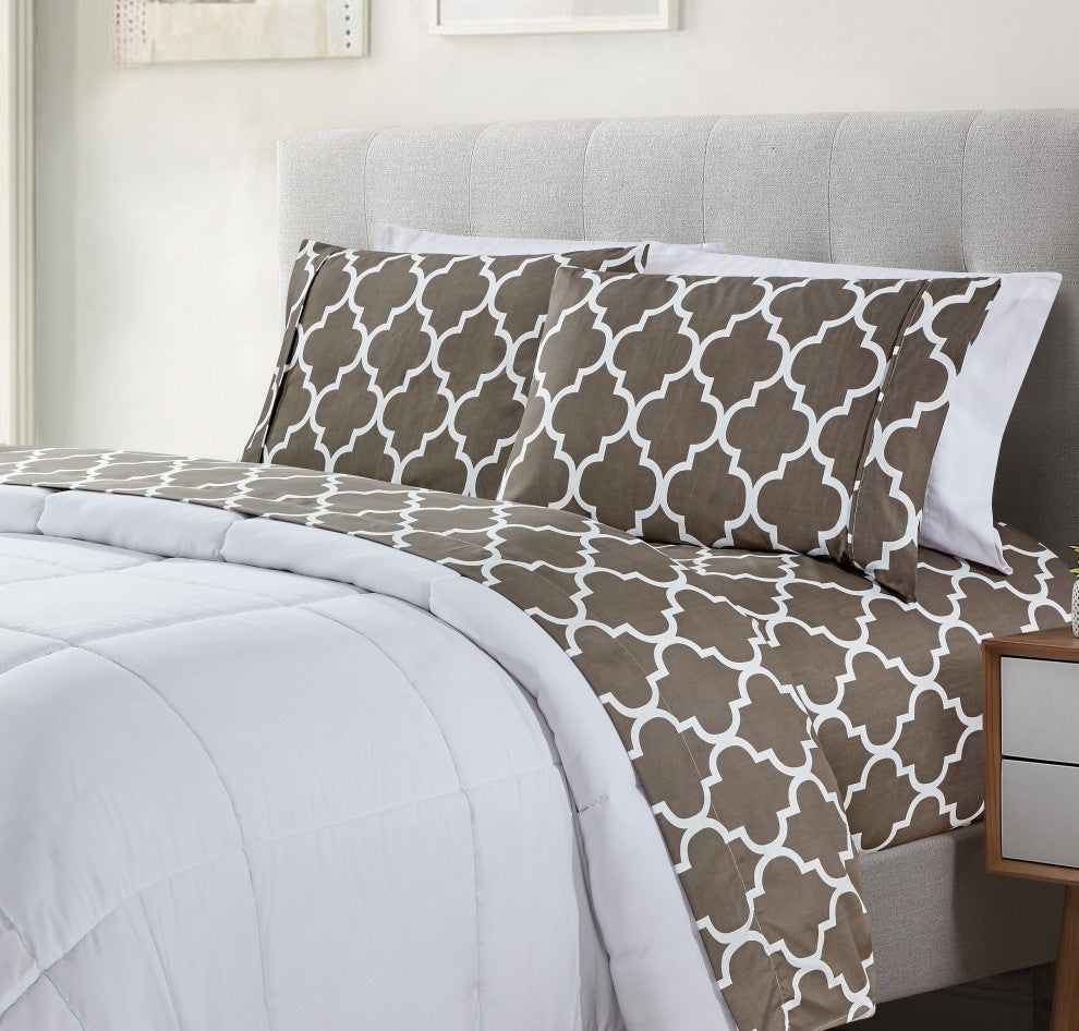 Bibb Home 4 Piece Printed Microfiber Sheet Set, Gray Trellis, Twin