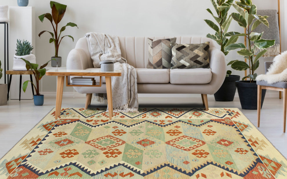 Sun Faded Flatweave Ormazd Beige/Navy Rug, 6'5x10'0