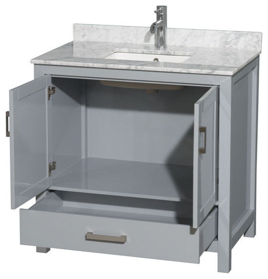 Wyndham WCS141436SGYCMUNSMXX 36" Vanity in Gray + Carrera Marble and Square Sin