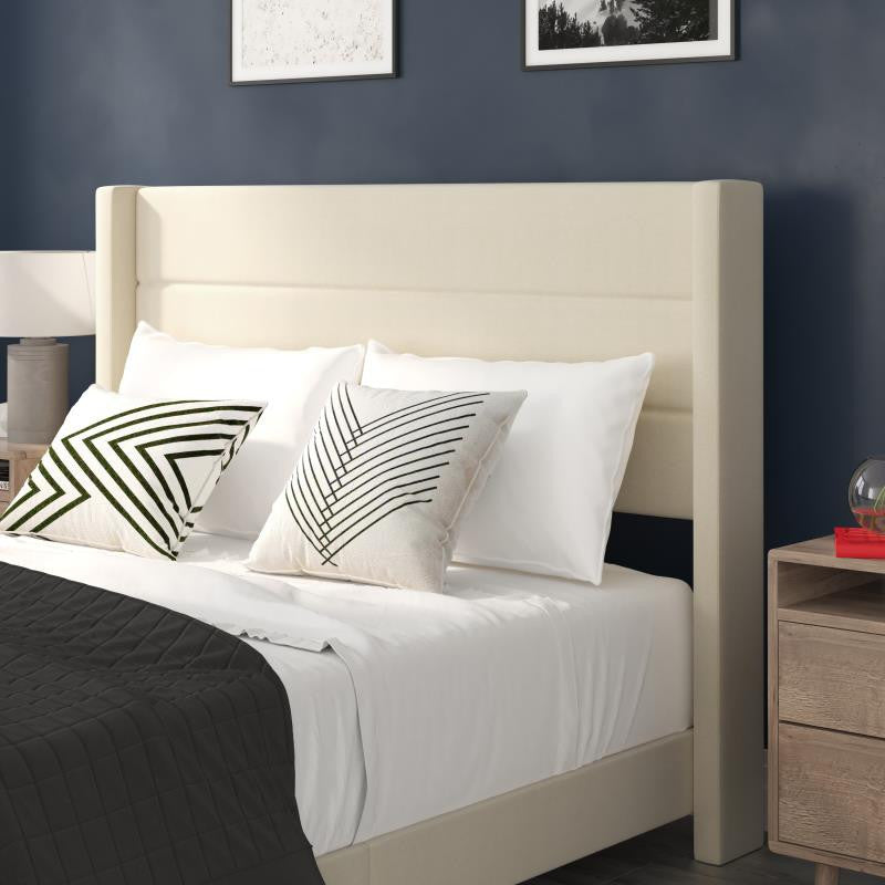 Hollis Upholstered Platform Bed with Wingback Headboard w/Mattress Foundation, Beige, Queen
