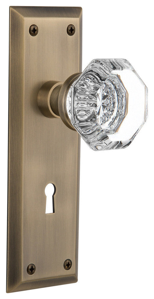 New York Plate Interior Mortise Waldorf Door Knob, Antique Brass