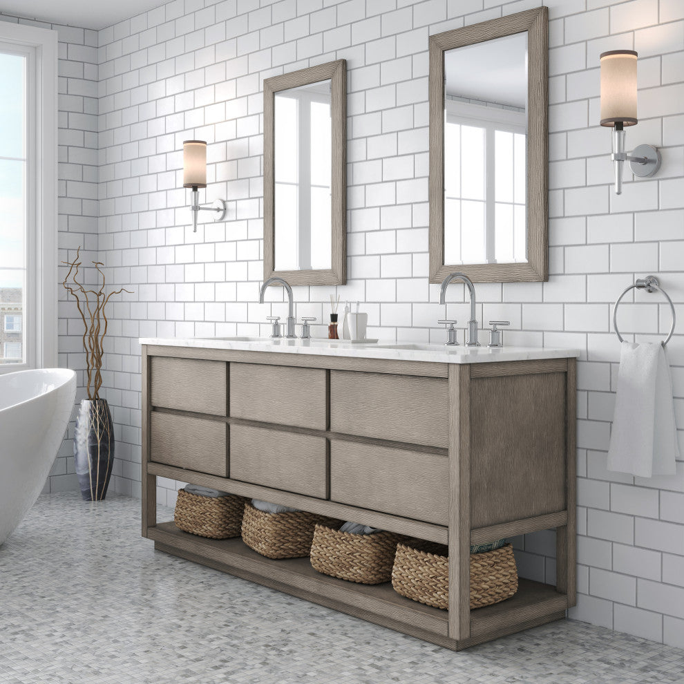 Oakman Marble Top Vanity in Grey Oak with Faucet, 72", Vanity With Chrome Faucet