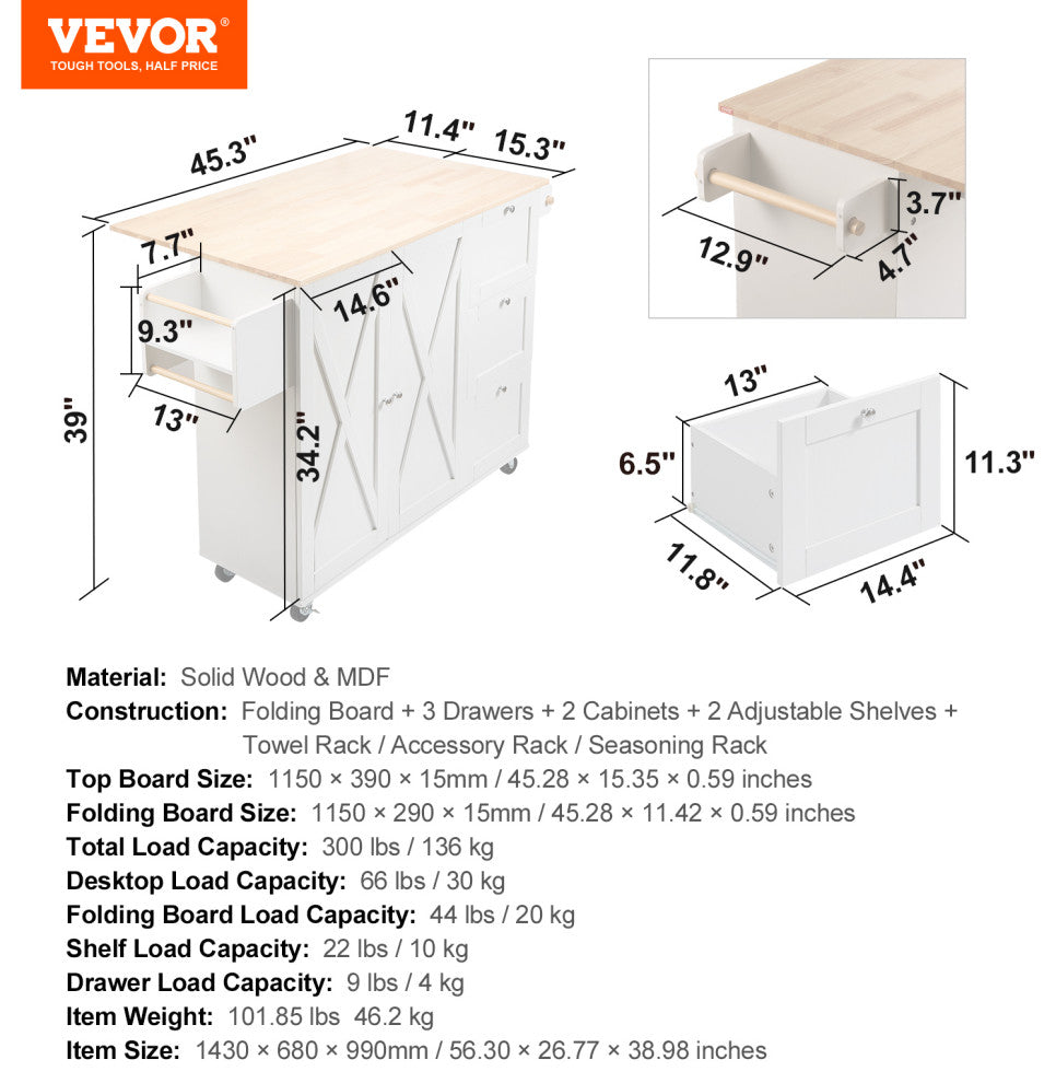 VEVOR 45.3" Kitchen Island Cart Rolling Storage Cabinet Cart with Drawer & Rack