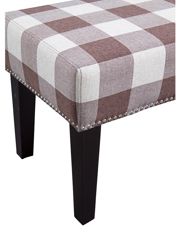 MIley Bench with Silver Nail Trim, Brown/Linen Buffalo Check/Dark Espresso Legs
