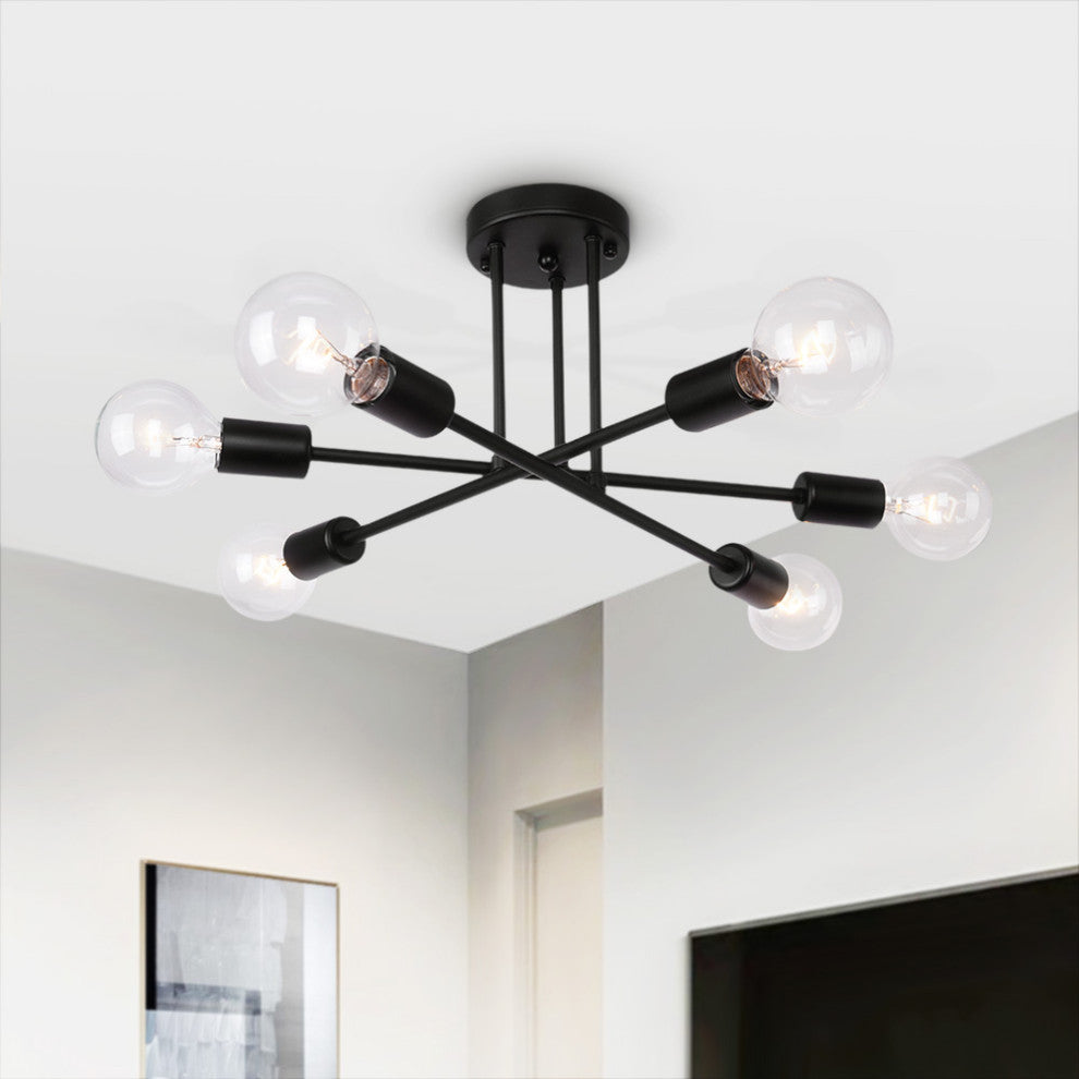 6 Light Sputnik Linear Semi Flush Mount Light, Black