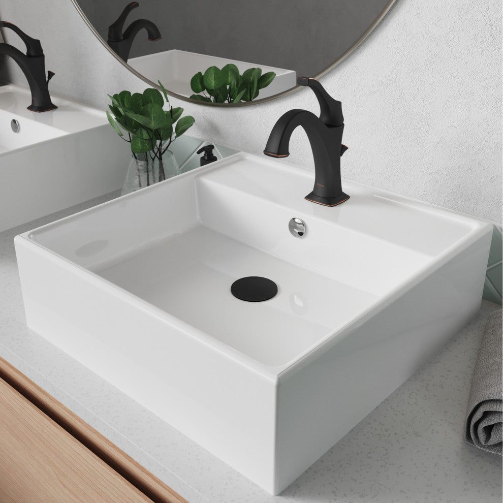 Elavo Square Ceramic Vessel Sink, Bathroom Arlo Faucet, Drain, Oil Rub Bronze