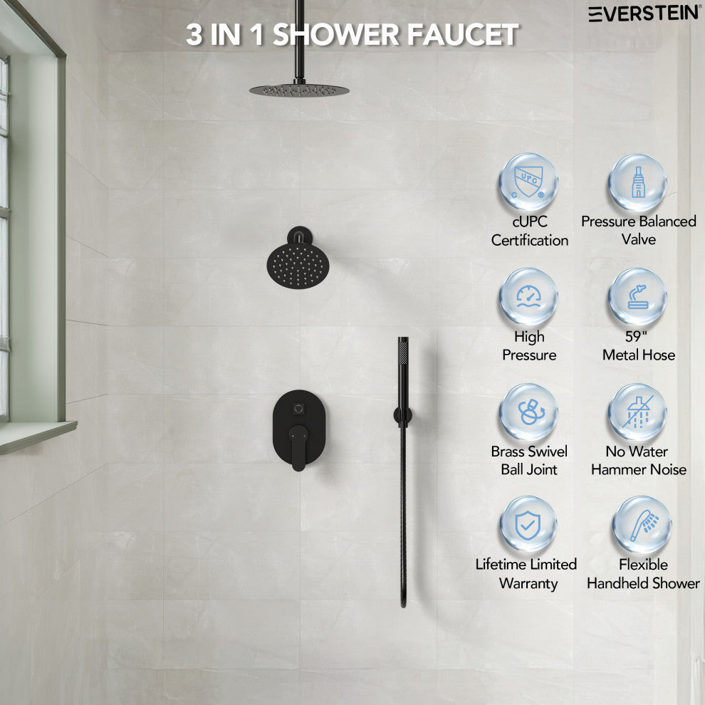 Dual Heads 10" & 6" Rainfall Shower Facuet With Handheld Shower, Matte Black