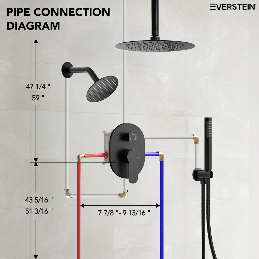 Dual Heads 10" & 6" Rainfall Shower Facuet With Handheld Shower, Matte Black