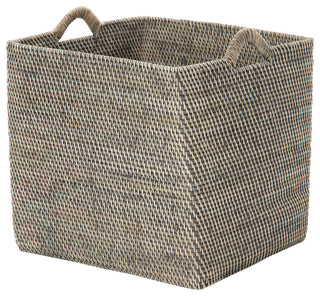 Loma Rectangular Tall Decorative Rattan Storage Basket with Ear Handles, Large, Black Wash