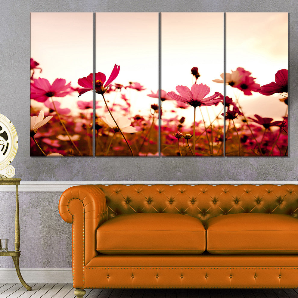 Cosmos Flowers on Pink Background, Floral Canvas Art Print, 48"x28", 4 Panels