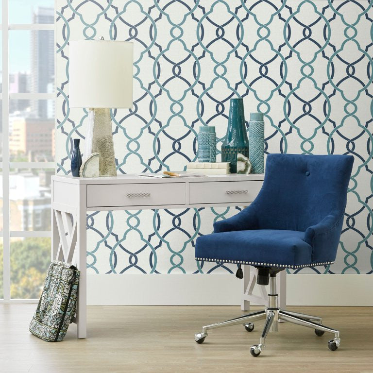 Contemporary Office Chair, Blue Velvet Seat With Sloped Arms & Nailhead Trim