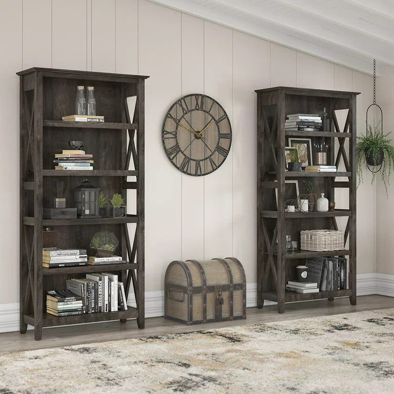 Set of 2 Farmhouse Bookcase, Open Shelves With X-Sides, Dark Gray Hickory