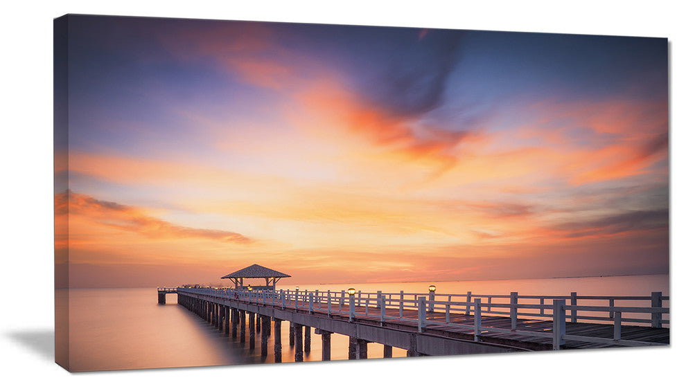 "Infinite Wooden Bridge Under Clouds" Sea Bridge Canvas Wall Artwork, 32"x16"