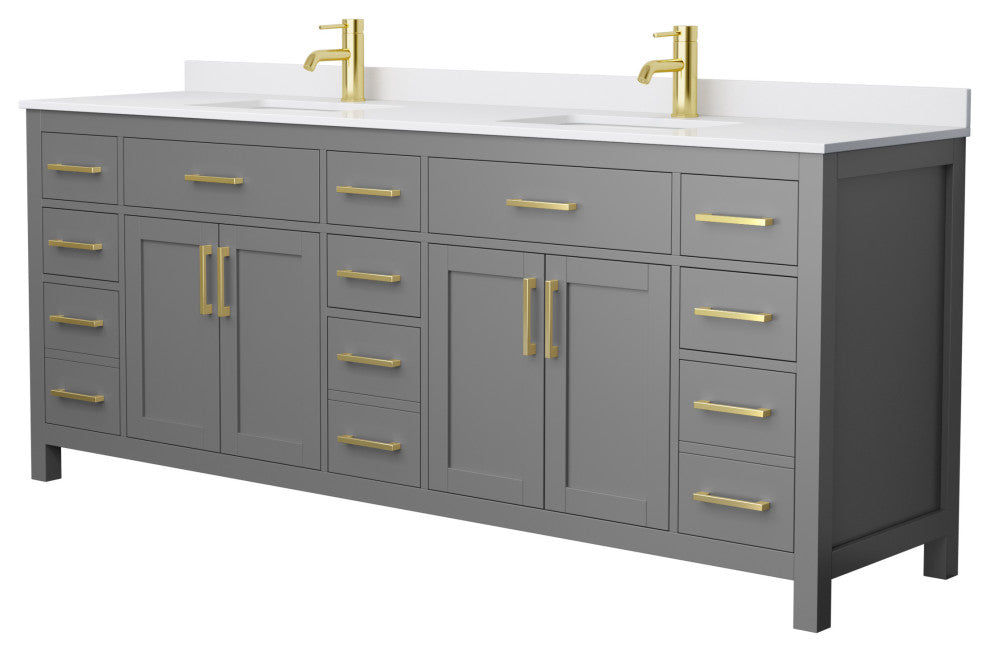 84"DBL Bathroom Vanity Dark Gray, White Cult.Marble Countertop, Sinks, Gold Trim