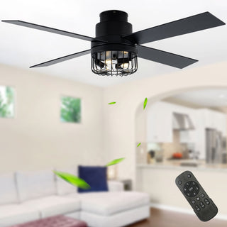 52 " Modern Flush Mount Ceiling Fan 6-speed with Light Kit and Remote Control, Black, 52"