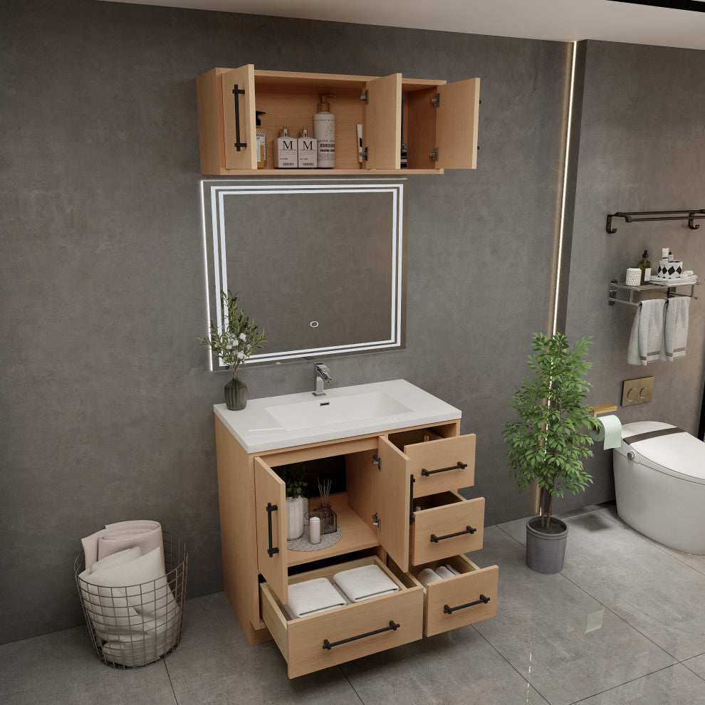 Victoria 36" Solid Wood Bath Vanity, Overhead Cabinet, Yellow Oak