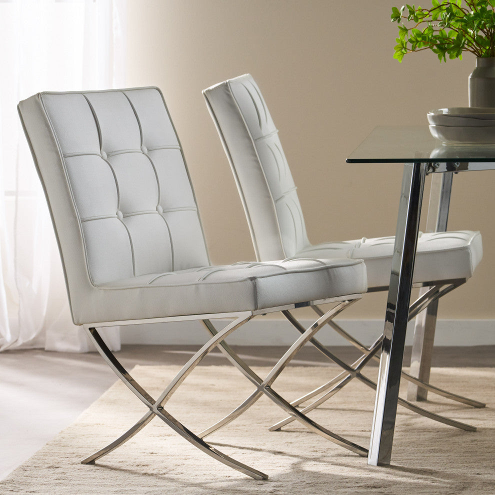 GDF Studio Pandora Modern Button Tufted Bonded Leather Dining Chairs, Set of 2, White