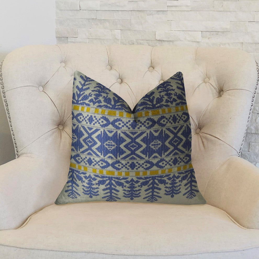 Splendid Aztec Blue and White Handmade Luxury Pillow, 16"x16"