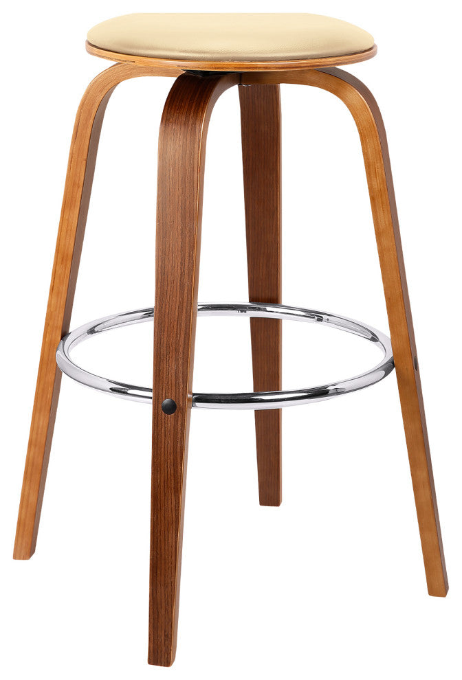 Harbor Swivel Stool Faux Leather and Wood Veneer Frame, Cream and Walnut, Counter Height 26"