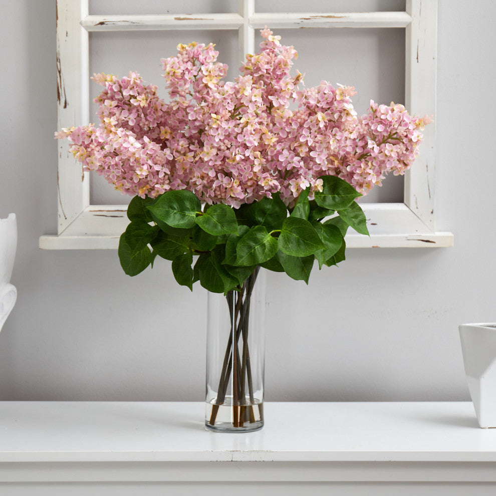 24in. Artificial Lilac Arrangement with Cylinder Glass Vase