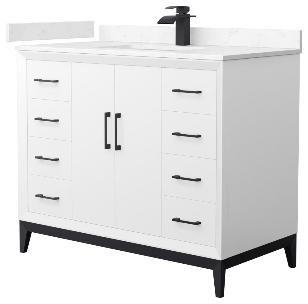 Amici 42" White Single Vanity, Carrara Cultured Marble Top, Matte Black Trim