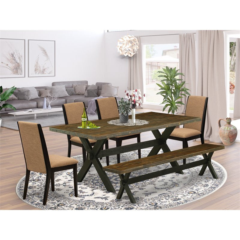 6-Piece Dinette Set Table Top and Jacobean Indoor Bench and 4 Chairs, Black