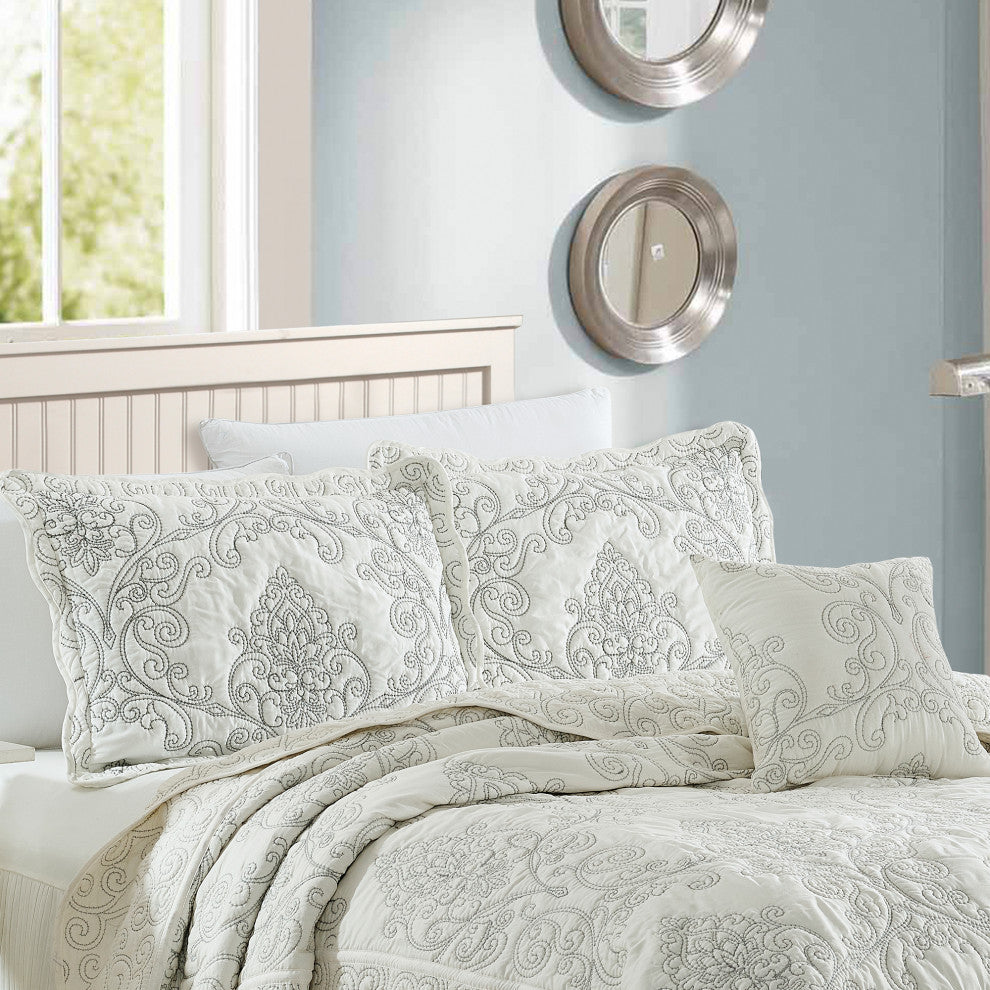 Damask Embroidered Quilted 4 Piece Bed Spread Sets, Antique White, Queen