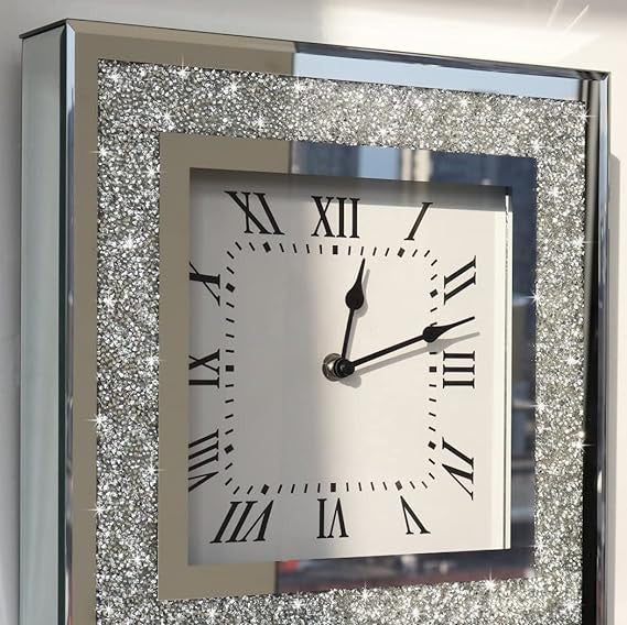 Crystal Crush Diamond Mirrored Square Wall Clock with Sparkle