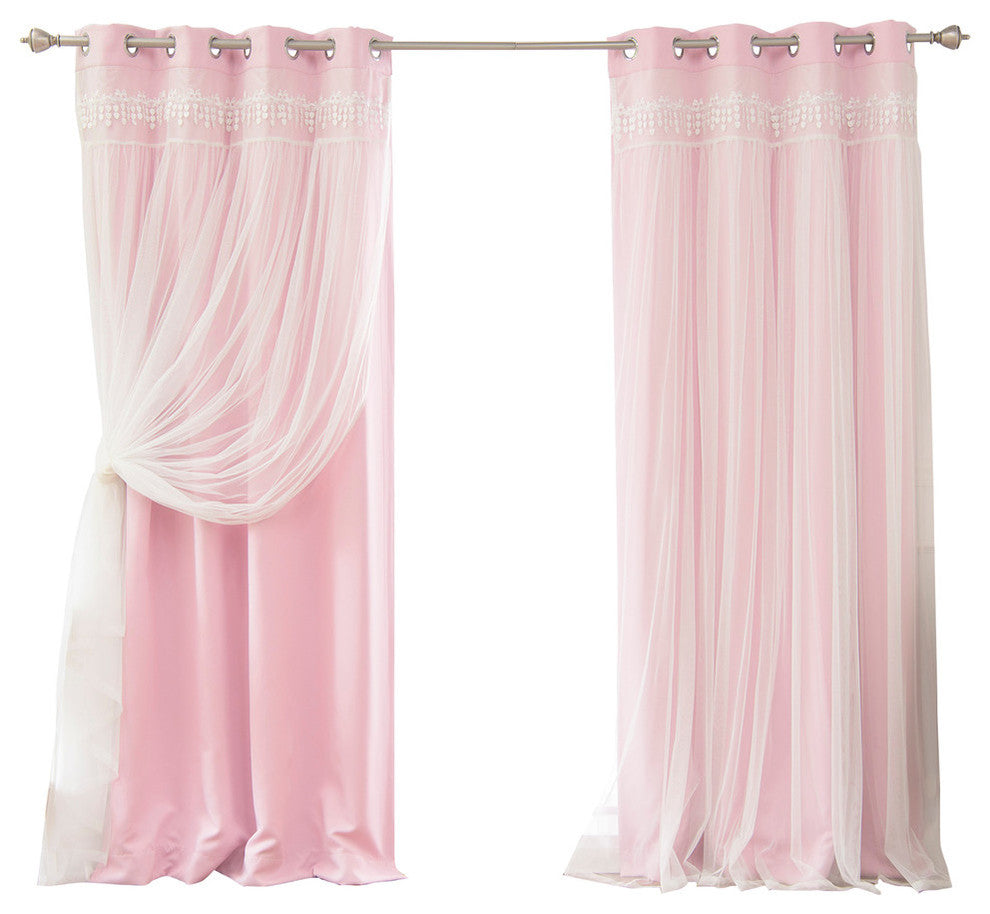 Lace Overlay Blackout Curtains, Newpink, 84"
