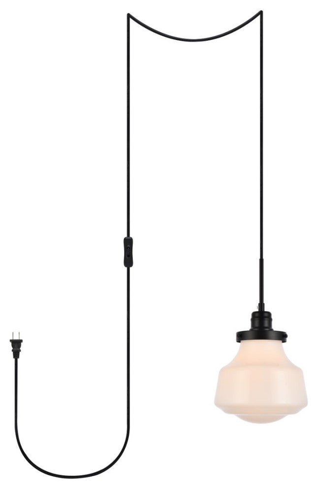 Leighton 1-Light Black and frosted White Glass Plug-In Pendant