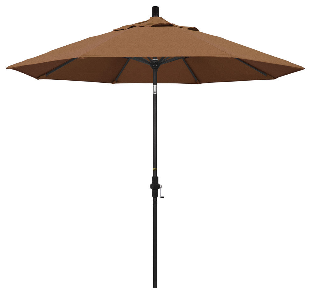 9' Stone Black Collar Tilt Crank Lift Aluminum Umbrella, Sunbrella, Teak