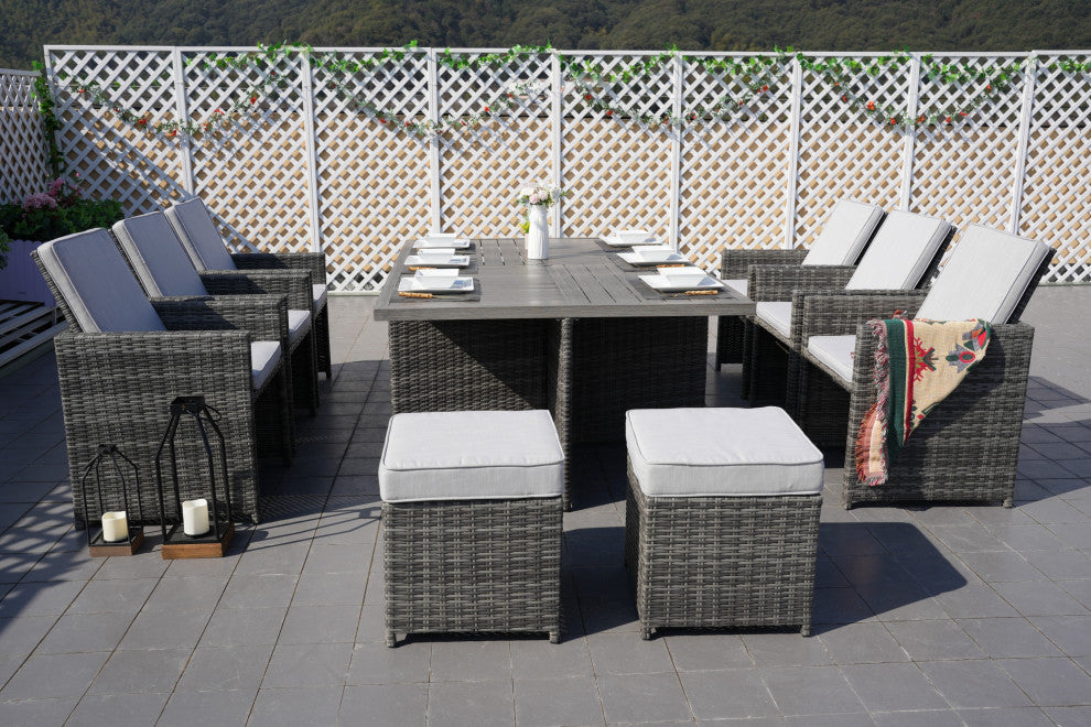 Outdoor Patio Wicker Dining Table Set with Chairs, 11-Piece Set, Gray