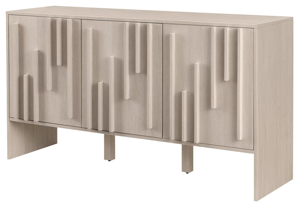 Contemporary Sideboard, Unique Design With Vertical Accented Front, Ivory Oak