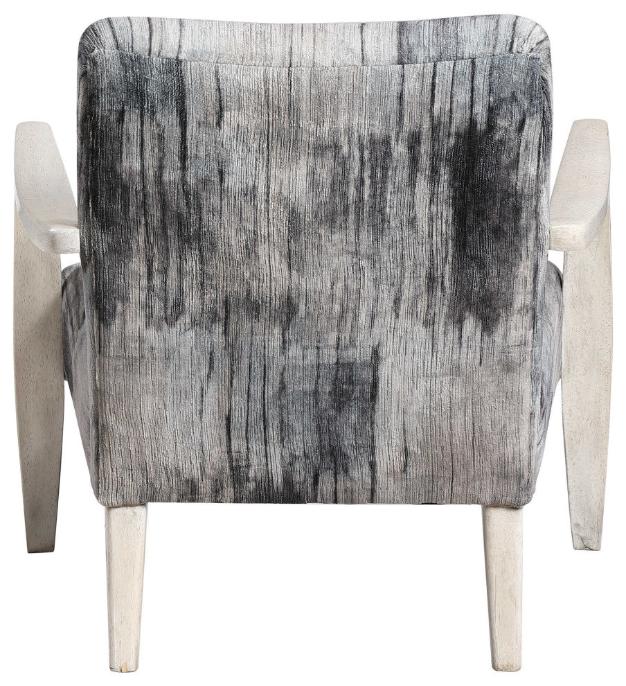 Modern Abstract Chenille Accent Chair Black Gray Blue White Streaked Wood Plush
