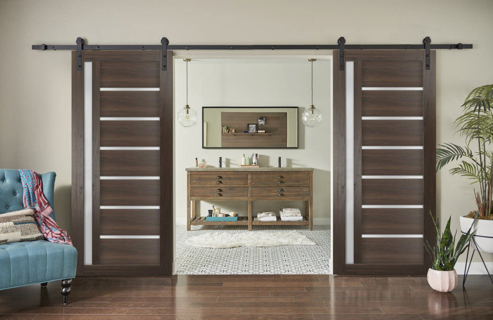 Double Barn Door 72 x 84 Frosted Glass, Quadro 4088 Chocolate Ash, 13' Rail
