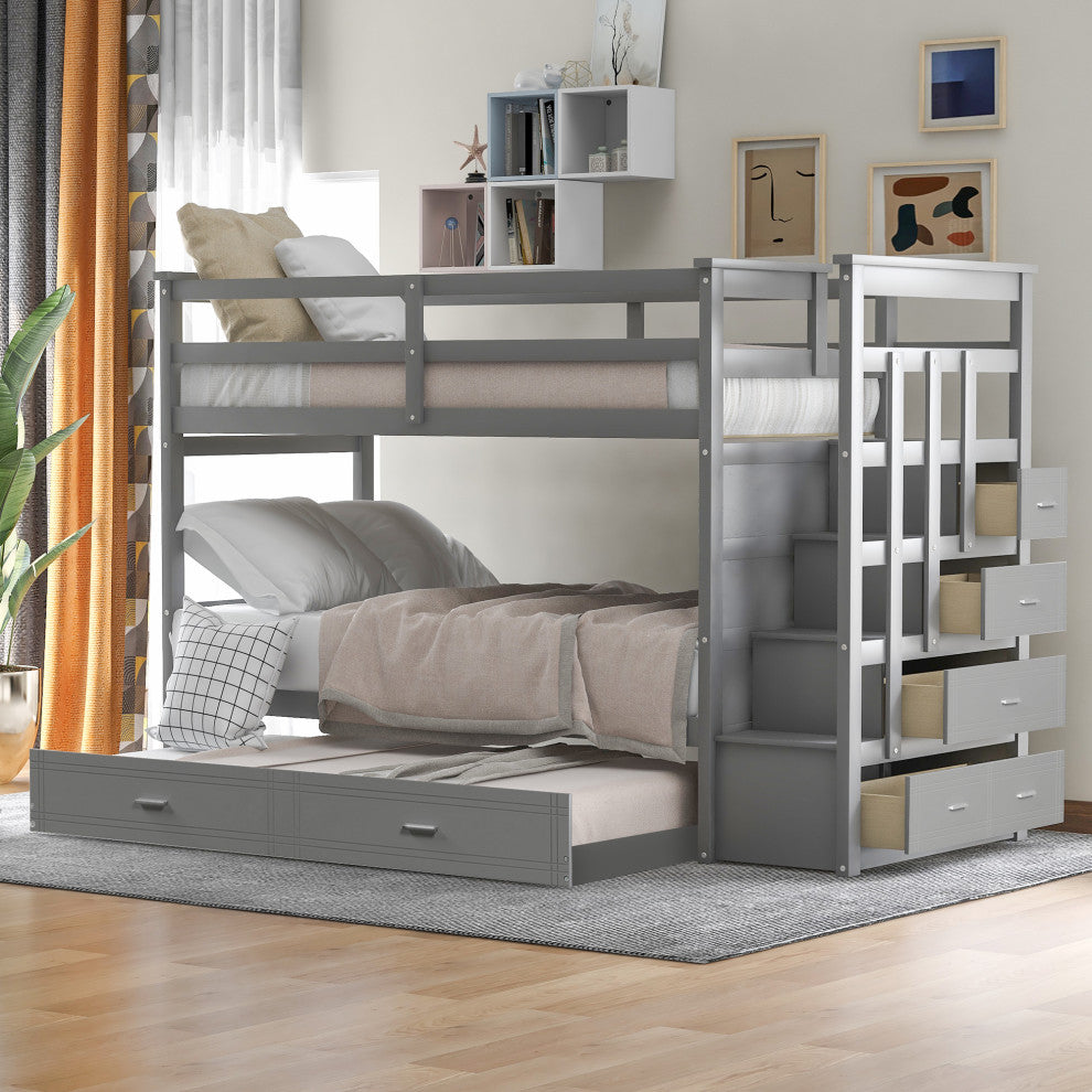 Gewnee Solid Wood Twin Over Twin Bunk Bed with Trundle and Staircase in Gray