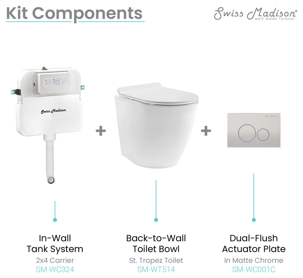 St. Tropez Back to Wall Concealed Tank Toilet Bowl Bundle, Glossy White
