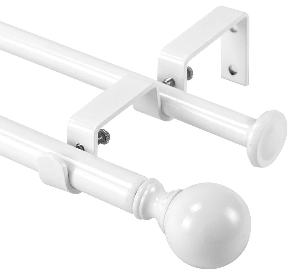 Ball Adjustable Double Curtain Rod Set, 5/8", White, 84"-120"