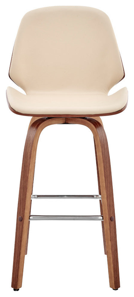 Arabela Faux Leather and Wood Swivel Bar Stool, Cream and Walnut