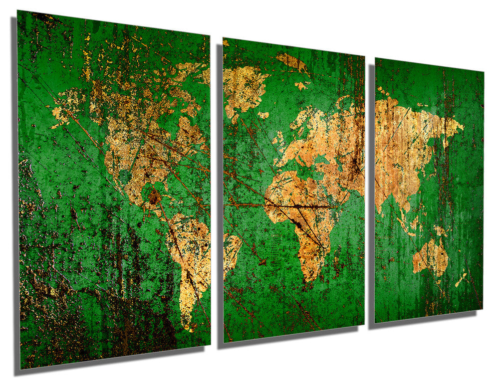 Abstract Green World Map Metal Print Wall Art, 3 Panel Split, Triptych