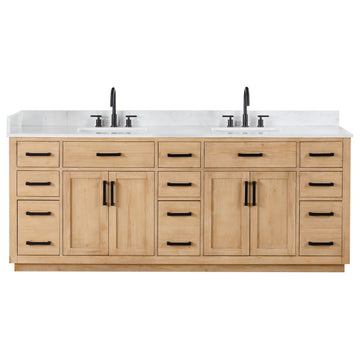 Gavino Vanity With Grain White Composite Stone Top, Light Brown/Matte Black, 84", No Mirror