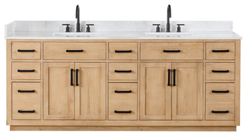 Gavino Vanity With Grain White Composite Stone Top, Light Brown/Matte Black, 84", No Mirror