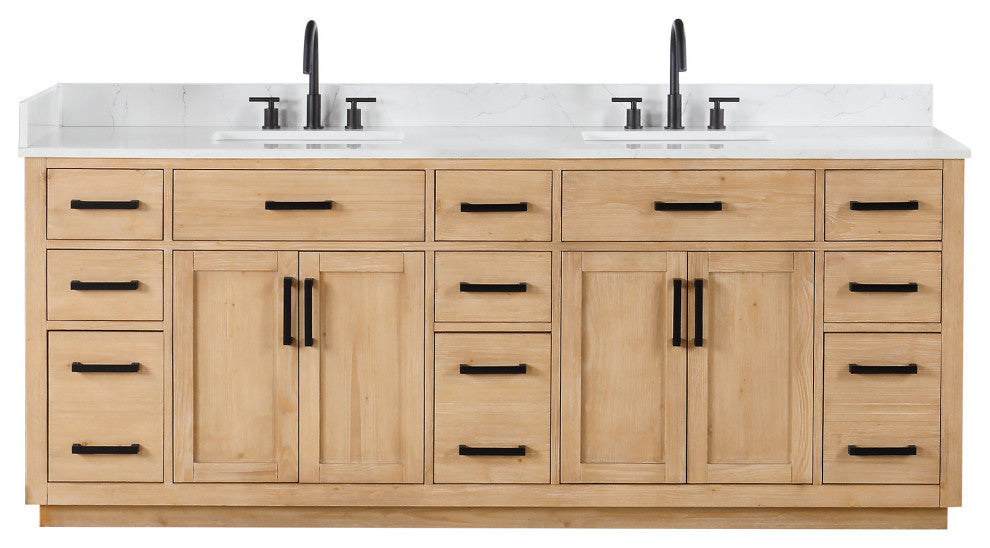 Gavino Vanity with Grain White Composite Stone Top, Light Brown/Matte Black, 84", No Mirror
