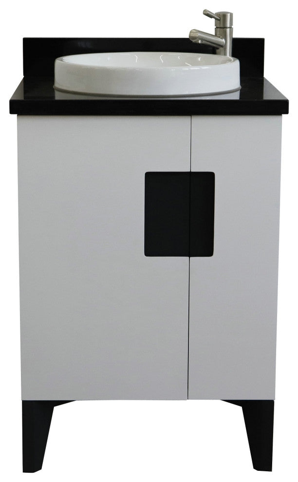 25" Single Sink Vanity, White Finish With Black Galaxy Granite And Round Sink