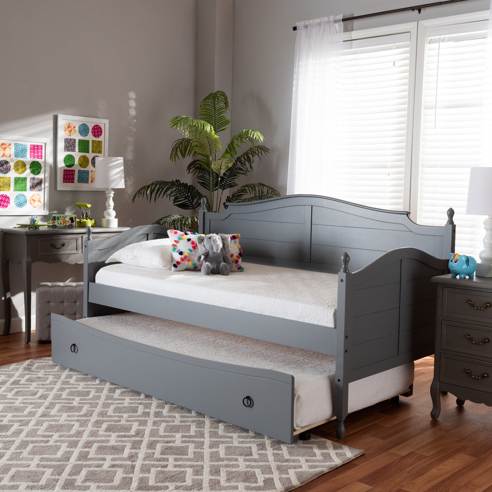 Treena Cottage Farmhouse Wood Twin Size Daybed With Roll-Out Trundle Bed, Gray